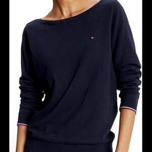 Tommy Hilfiger Navy Fold Over Boat Neck Long Sleeve Lightweight Sweater R1